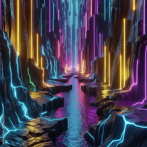 A serene digital canyon landscape highlighted by a flowing neon river  blending natural forms with fantastical lighting.. AI Generation