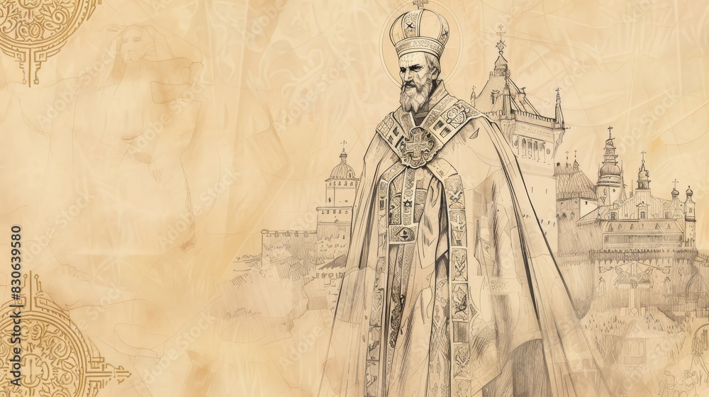 Fototapeta premium St. Casimir in Royal Robes at 15th-Century Polish Court, Biblical Illustration, Beige Background, Copyspace