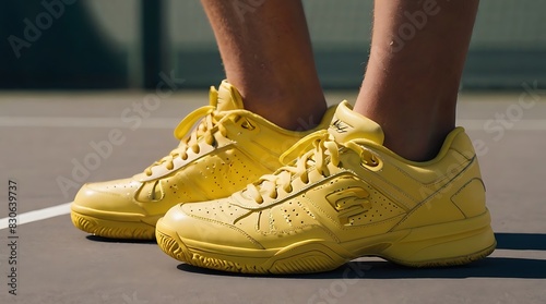  pair of bright yellow tennis shoes with white soles and black laces, on a tennis court