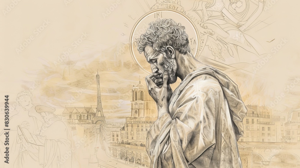 Fototapeta premium St. Denis of Paris Holding His Head in Ancient Paris, Biblical Illustration, Beige Background, Copyspace