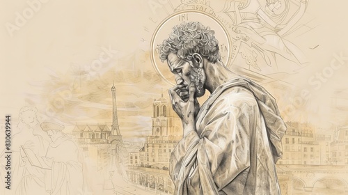 St. Denis of Paris Holding His Head in Ancient Paris, Biblical Illustration, Beige Background, Copyspace