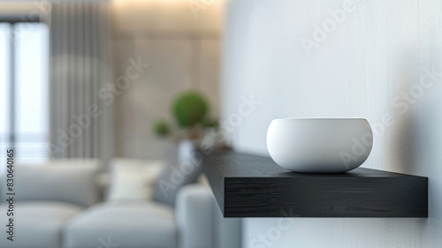 White bowl on a floating black shelf in a modern living room setting.