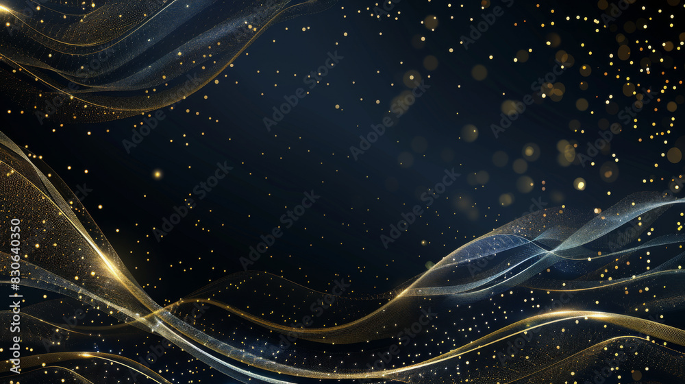 Fototapeta premium Ethereal Golden Waves and Sparkling Particles on Dark Background
