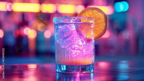 Cocktail glass with ice and orange slice in a vibrant neon bar.