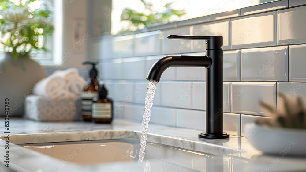 Modern kitchen faucet with water flowing, tiled wall, countertop. Modern kitchen faucet with water flowing, tiled wall, countertop.