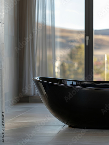Sleek black bathtub in a modern  spacious bathroom.