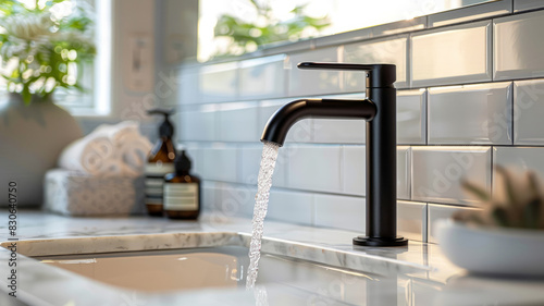 Modern kitchen faucet with water flowing  tiled wall  countertop.