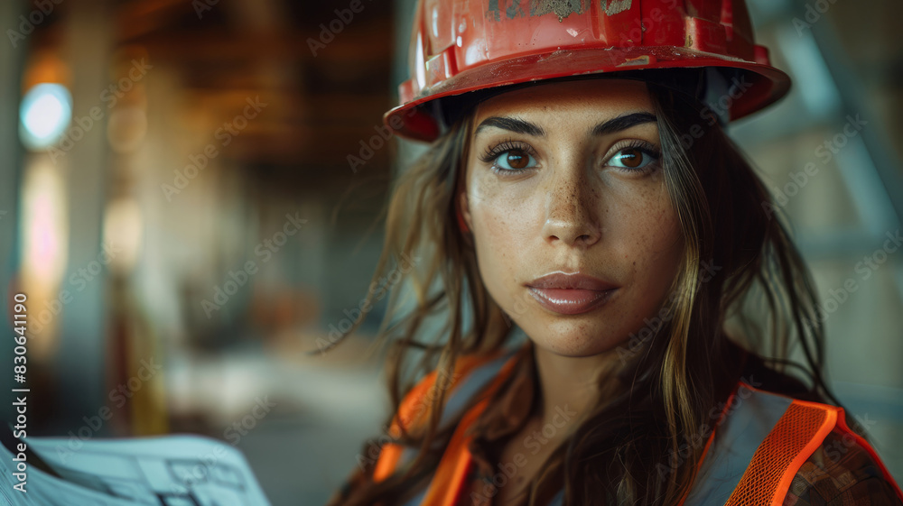 Young female construction worker holding blueprint, wearing hardhat.