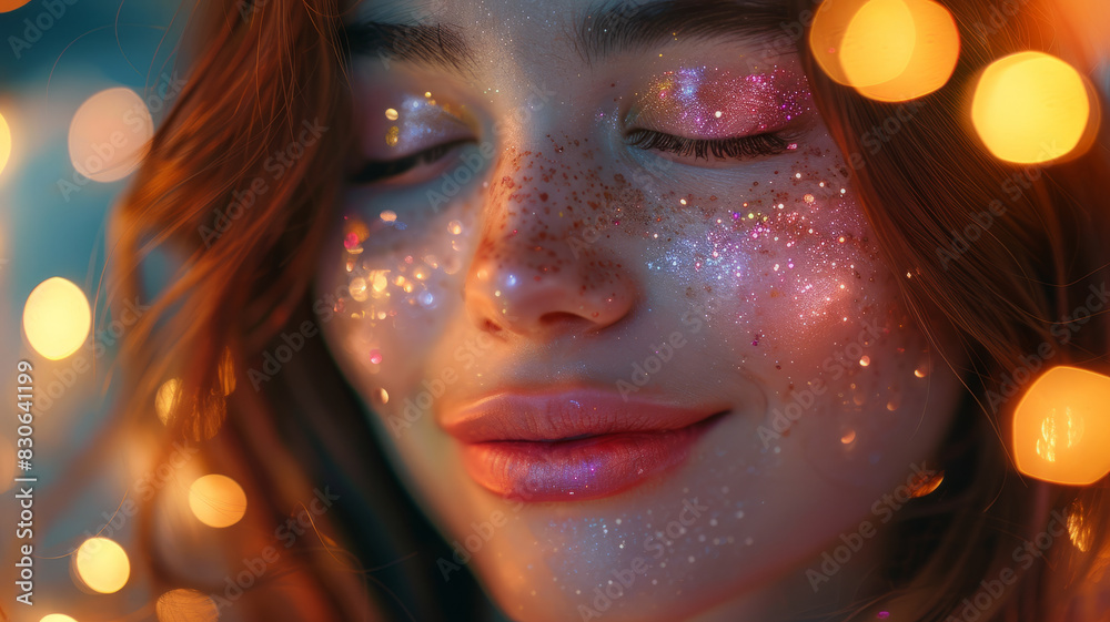 A young woman with freckles and glitter on her face, smiling gently. A young woman with freckles and glitter on her face, smiling gently.