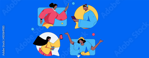 Virtual characters social communication concept business flat vector hand drawn illustration
