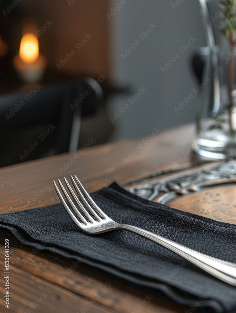A fork on a black napkin on a wooden table with candlelight. A fork on a black napkin on a wooden table with candlelight.