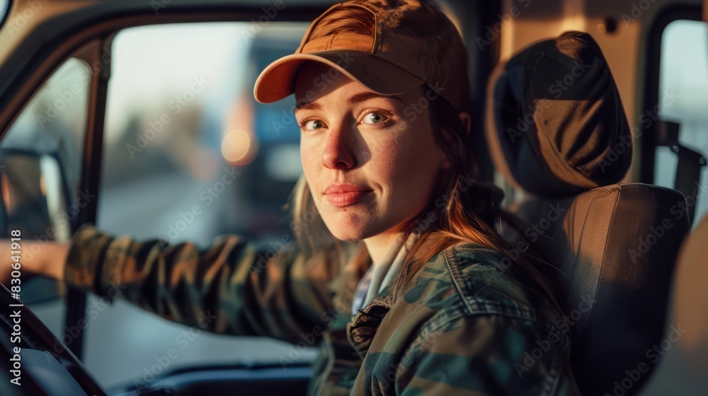 An urban portrait of a young delivery driver in the driver's seat of a van, with a sense of determination in her eyes as she prepares to begin transport. An urban portrait of a young delivery driver in the driver's seat of a van, with a sense of determination in her eyes as she prepares to begin transport.