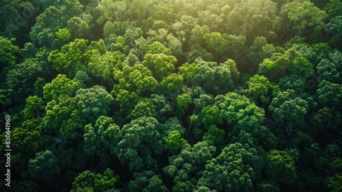 An aerial view of a lush forest  showcasing the dense canopy of trees in varying shades of green. The sun casts dappled light through the foliage  creating a serene and peaceful atmosphere. The