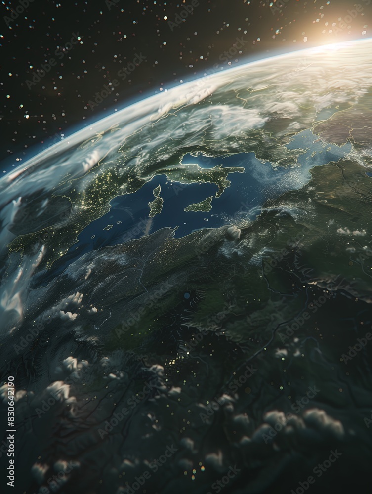 The Earth has a realistic geographic surface and a 3D cloud atmosphere with its orbit. View of the outer space of the world's planet Earth The Earth has a realistic geographic surface and a 3D cloud atmosphere with its orbit. View of the outer space of the world's planet Earth