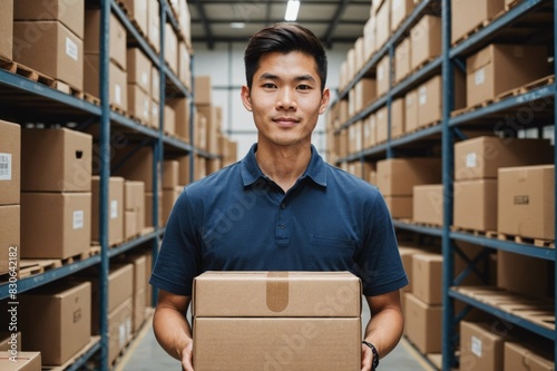 Close Portrait of Confident young Asian man retail seller, entrepreneur, online store drop shipping small business owner looking at camera standing in delivery shipping warehouse with parcel boxes. © ThomasLENNE