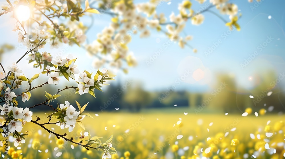 Obraz premium Spring background with a blurred view of blooming fields, trees, and a clear blue sky on a sunny day