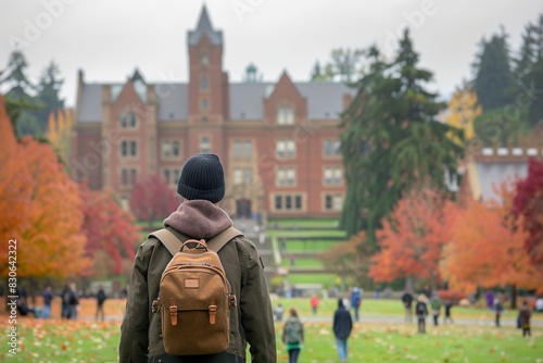 Back view of Caucasian student outdoor. Young man European stylish guy with backpack going to college, university, classroom or campus. Concept of back to school and education. High school. photo