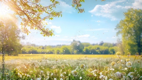 Spring background with a blurred view of blooming fields, trees, and a clear blue sky on a sunny day photo