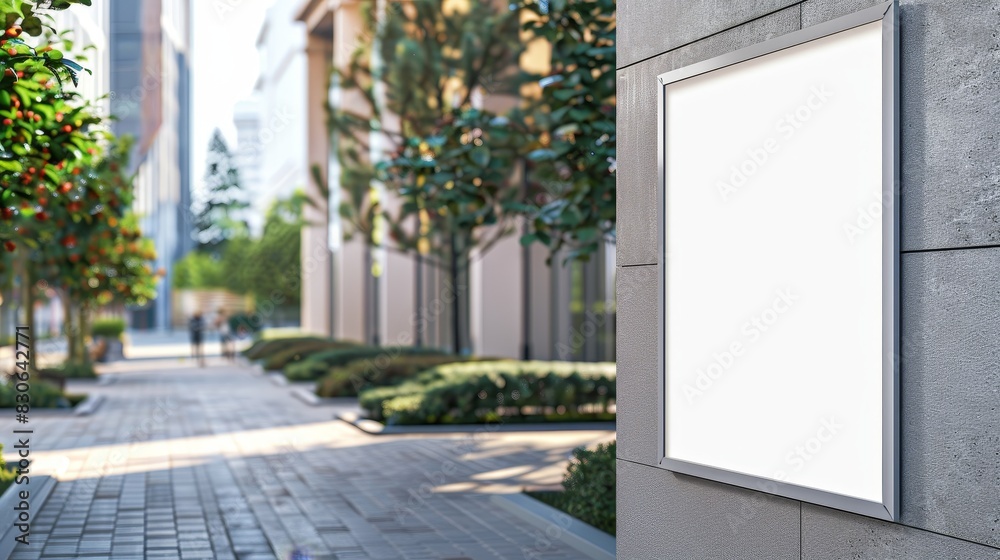 Blank outdoor billboard on a building wall in a modern urban street setting. Perfect for advertising mockups or promotional designs.
