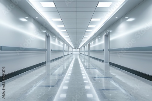 A futuristic, sterile hallway with bright lighting and reflective floor, depicting a modern medical or laboratory environment.