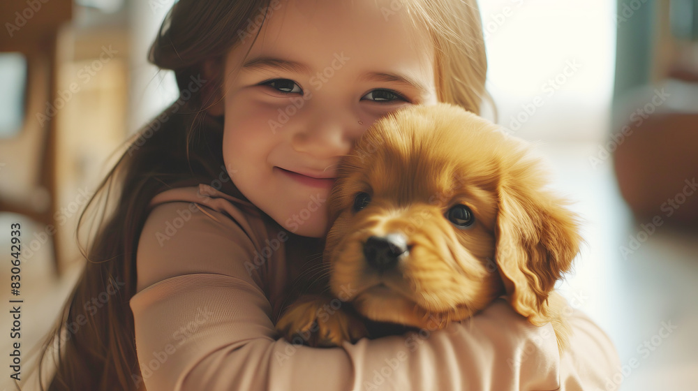 Little happy girl tenderly hugs her puppy tightly in a bright spacious living room. Friendship concept between humans and animals Little happy girl tenderly hugs her puppy tightly in a bright spacious living room. Friendship concept between humans and animals