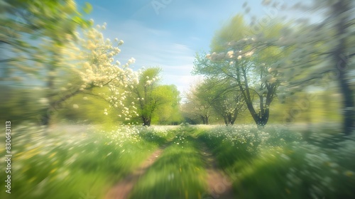Beautiful blurred springtime scenery with a blooming glade, tall trees, and a sunny blue sky photo