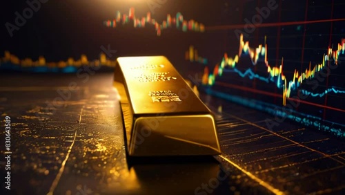 A gold bar sits on a surface with a glowing circuit board pattern and stock market graph in the background.