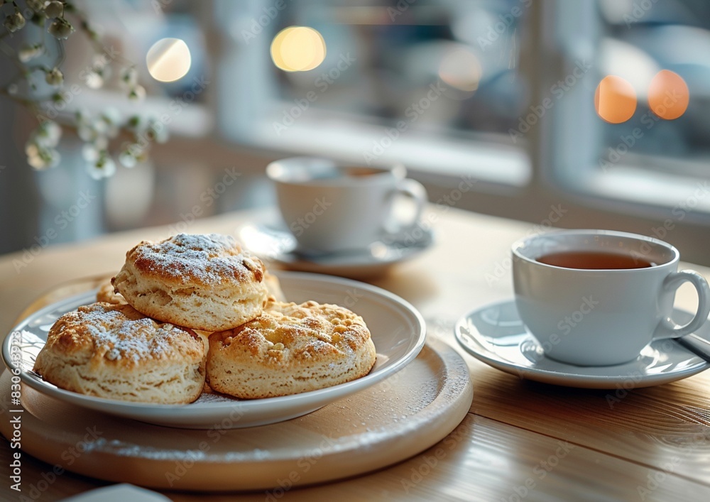 Tea and scones on a tray at cafe. Tea and scones on a tray at cafe.