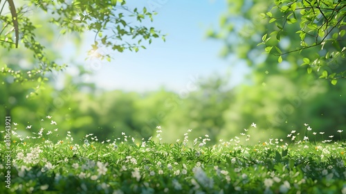 Sunny spring day with a blurred background of a blooming glade, lush trees, and a clear blue sky