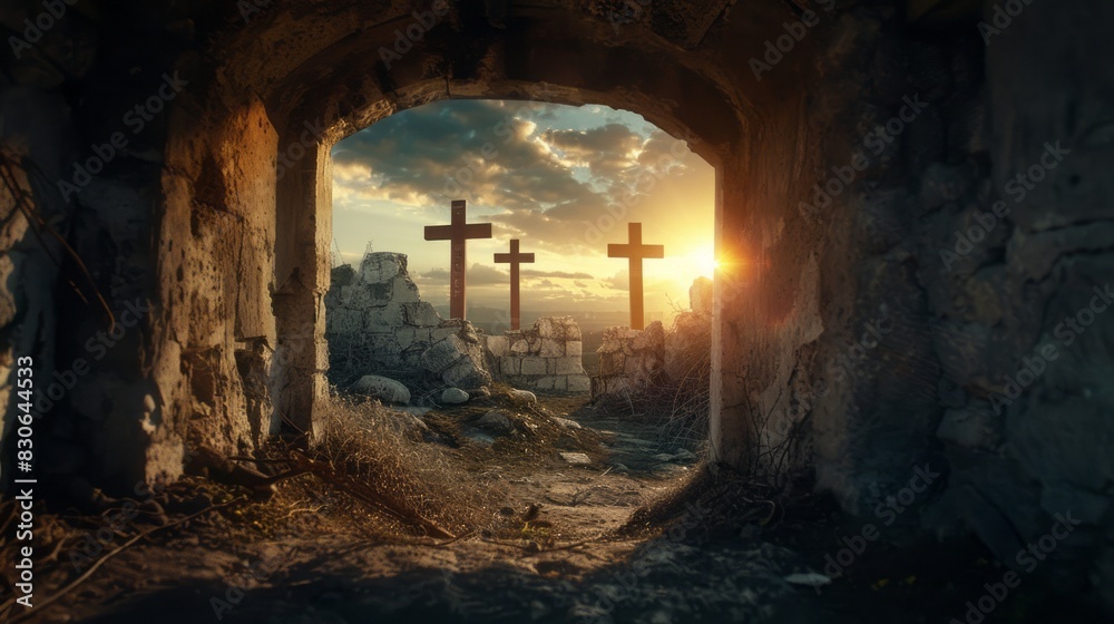 Fototapeta premium Three crosses stand outside empty church.