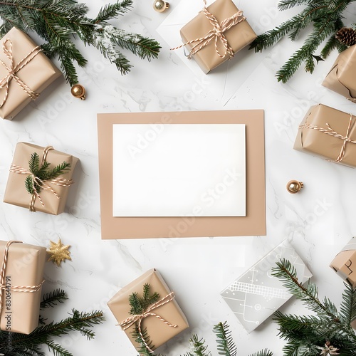 Blank white paper with brown envelope, around twigs and Christmas decorations and gift boxes on white marble background. Greeting card or invitation. photo
