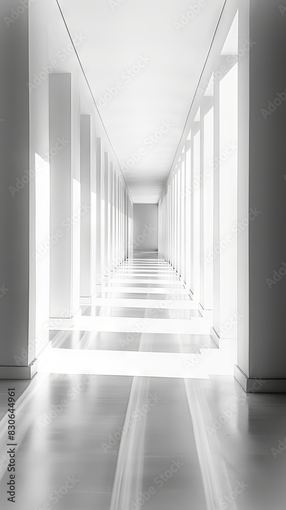 Fototapeta premium Long white corridor. White marble columns and walls inside building.