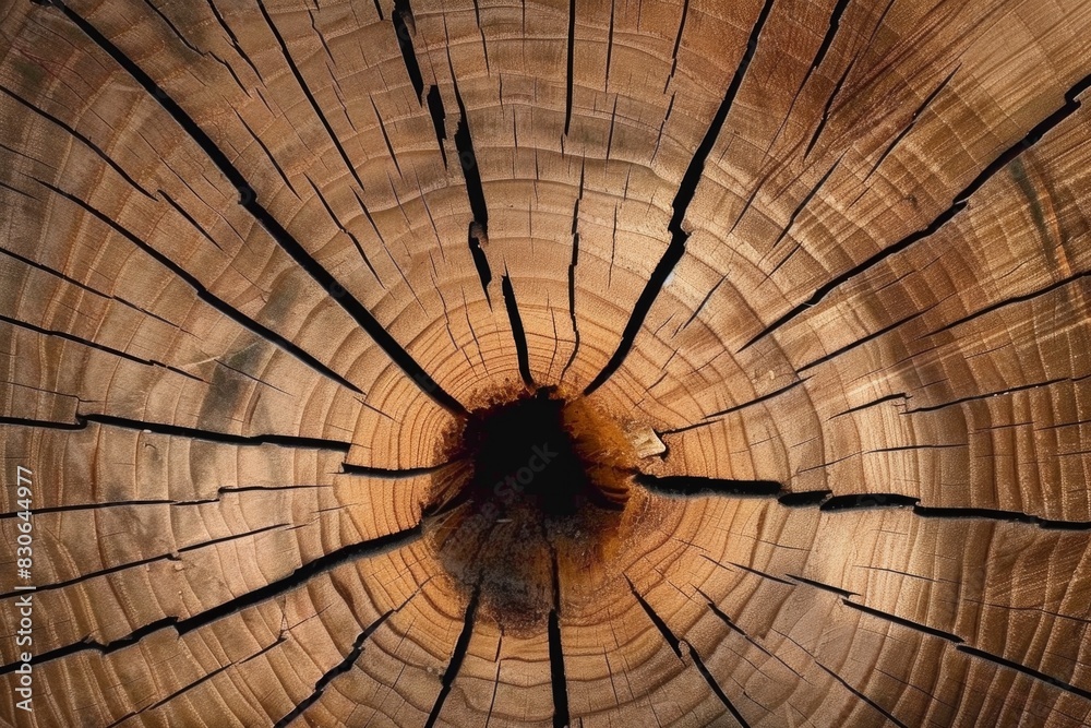 Fototapeta premium The cut surface of an old wooden oak tree with cracks and holes in the center of the wood