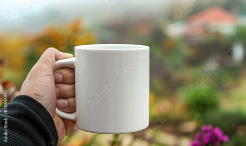 Hand holding a white mug outdoors
