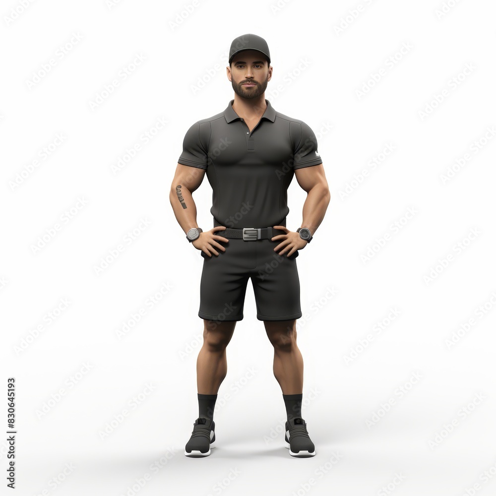 Cartoon fitness trainer flexing muscles isolated on white background Cartoon fitness trainer flexing muscles isolated on white background