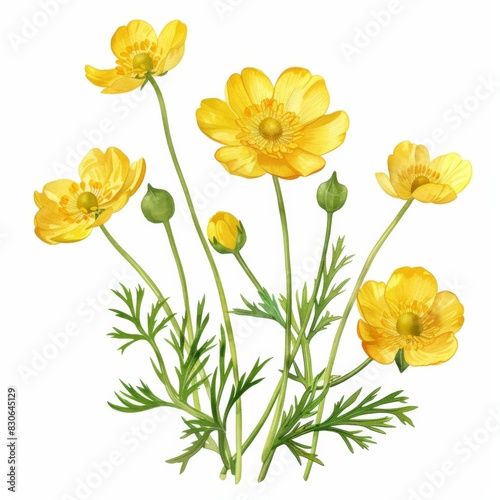 A painting of vibrant yellow flowers blooming against a crisp white background
