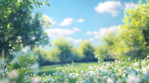 Beautiful blurred spring landscape with blooming flowers, green trees, and a blue sky on a sunny day photo