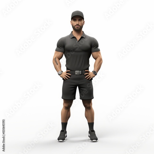 Cartoon fitness trainer flexing muscles isolated on white background