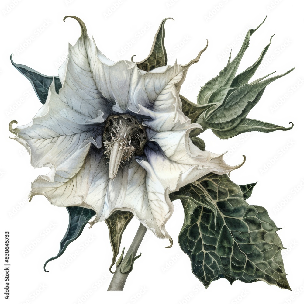 Naklejka premium A delicate white flower with lush green leaves beautifully captured in a drawing