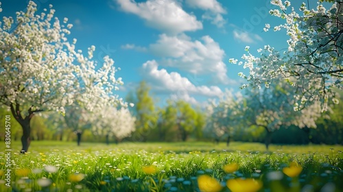 Blurred spring nature scene with a blooming glade, vibrant trees, and a bright blue sky photo