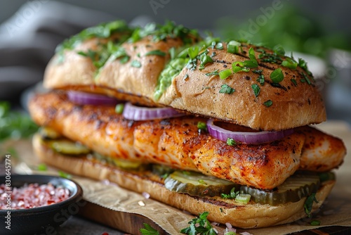 Fischbrötchen - Fish sandwich with pickles, onions, and remoulade sauce. photo