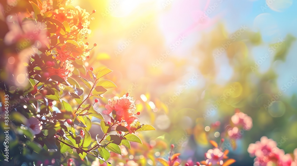Fototapeta premium Spring background with blurred blooming flowers, tall trees, and a sunny blue sky