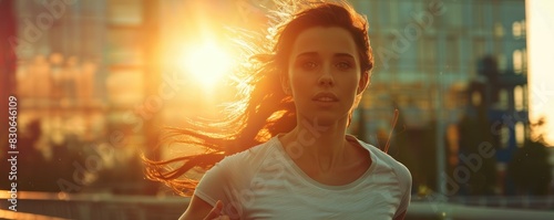 Determined female runner jogging on a city bridge at sunset with striking lighting.