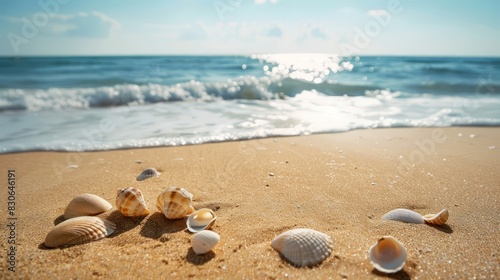 Highlight the natural beauty of coastal landscapes with an image showcasing an empty sand beach strewn with shells, set against the serene backdrop of a summer sea.