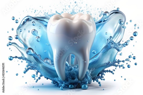 Tooth Cleaning wash or Tooth water with giant white molar surrounded by bubbles and blue splashing water