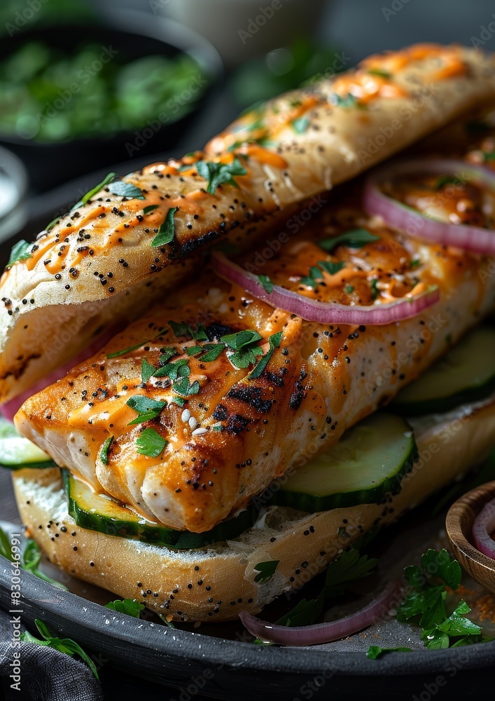 Fischbrötchen - Fish sandwich with pickles, onions, and remoulade sauce. Fischbrötchen - Fish sandwich with pickles, onions, and remoulade sauce.