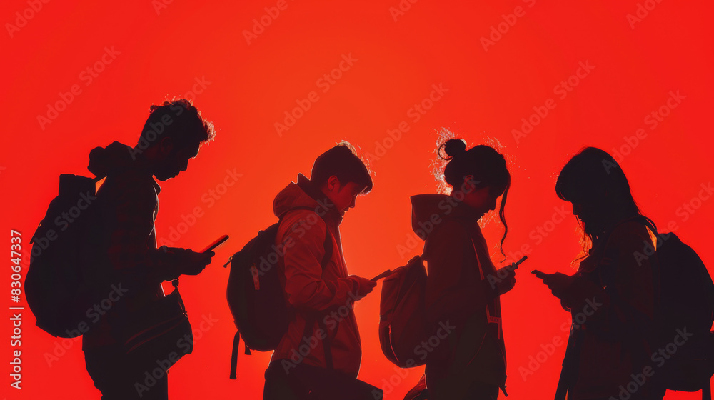 Group of young people, millennials, college students using mobile smartphones outdoors. Isolated on red background. Group of young people, millennials, college students using mobile smartphones outdoors. Isolated on red background.