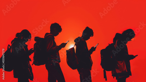 Group of young people, millennials, college students using mobile smartphones outdoors. Isolated on red background.