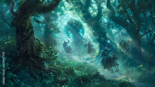 The image is a digital painting of a forest. In the forest  there is a large  glowing crystal. A group of adventurers are walking towards the crystal.