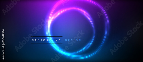 Neon glowing circle rays, light round lines in the dark, planet style neon wave lines. Energetic electric concept design for wallpaper, banner, background